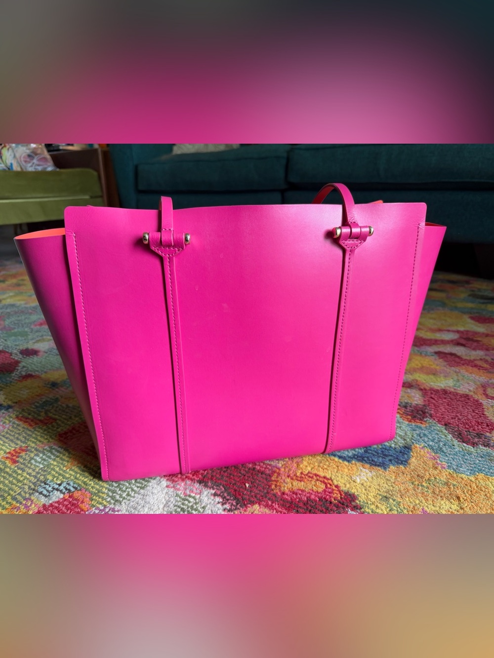 Large Hot Pink Kate Spade Tote w/ Orange-Red Lining - Picture 4 of 7